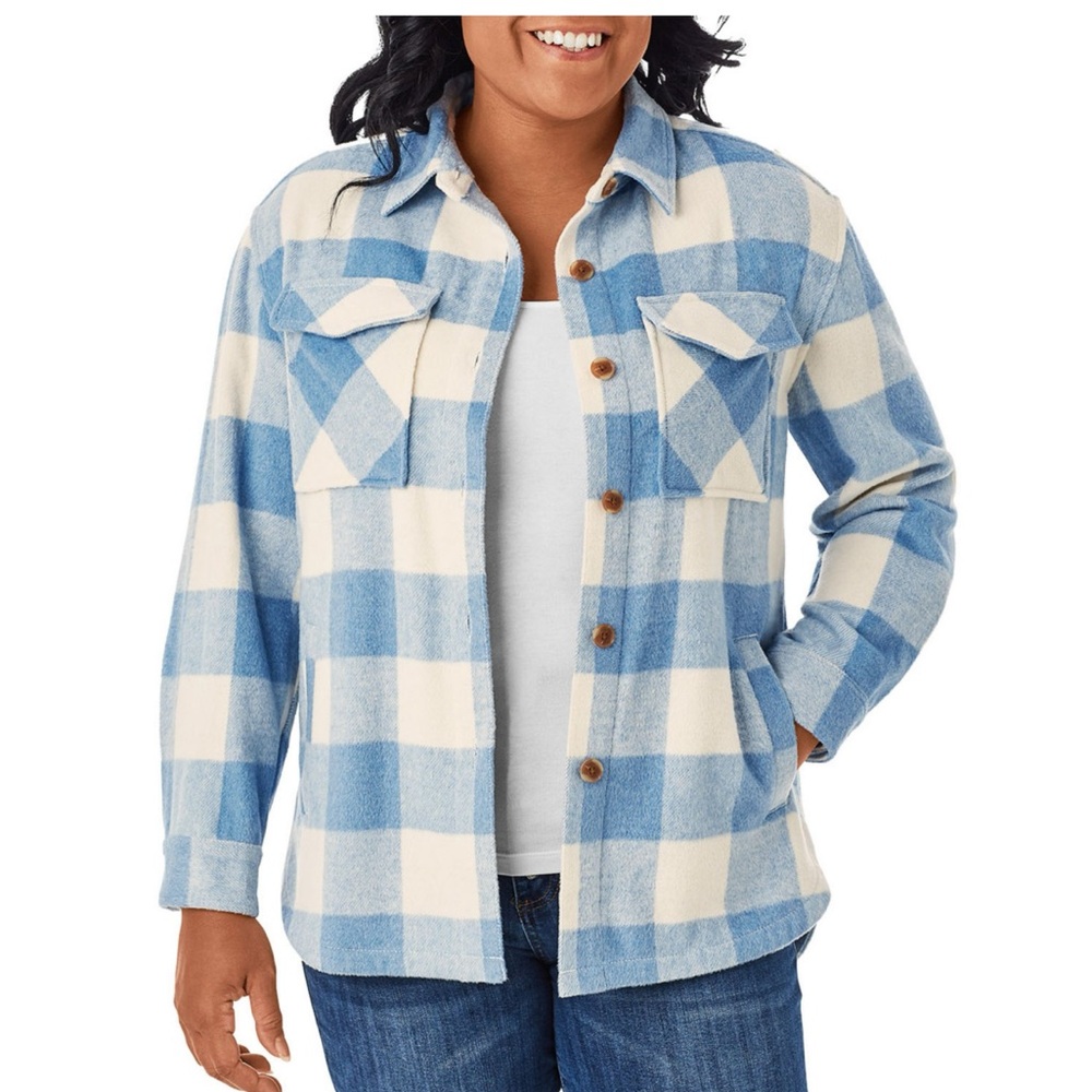 Member's Mark Women's Relaxed Fit Button Front Plaid Shacket - Blue Plaid